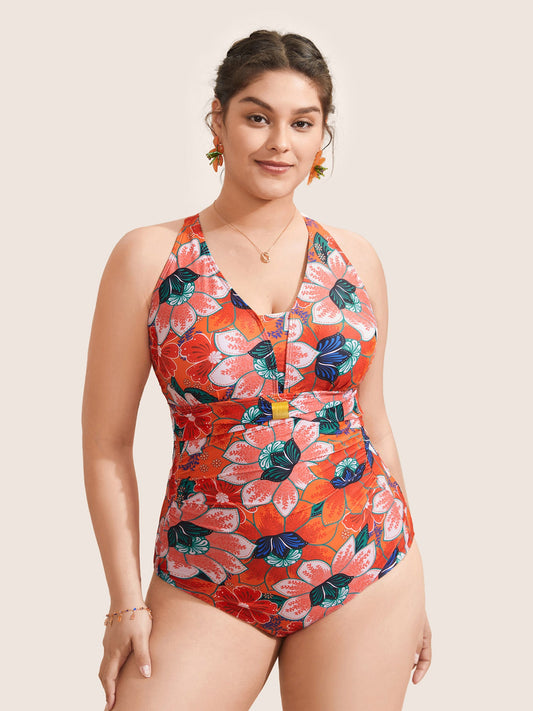 Floral Ruched Crisscross Buckle Detail One Piece Swimsuit