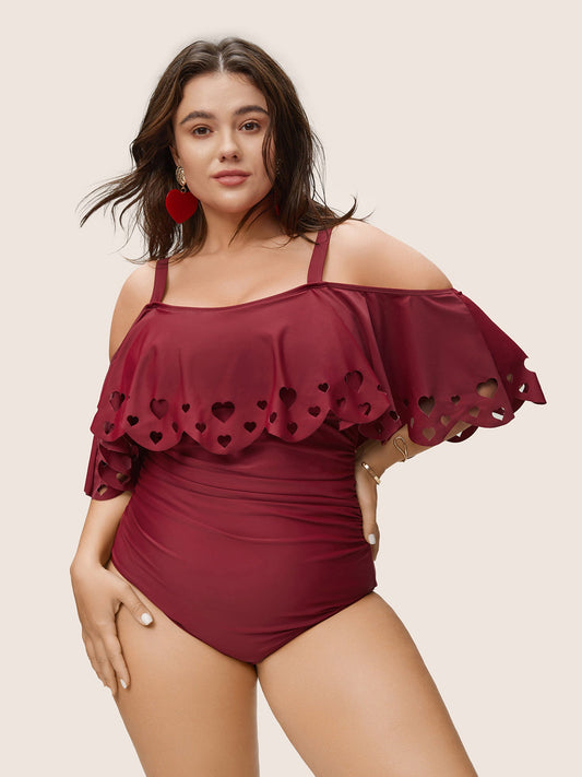 Laser Cut Ruched Cold Shoulder One Piece Swimsuit
